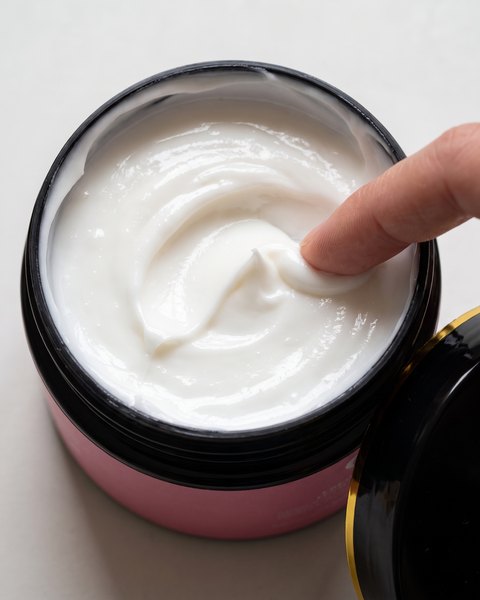 Le pot ouvert vu de dessus, un doigt vient de creuser un sillon dans la crème blanche