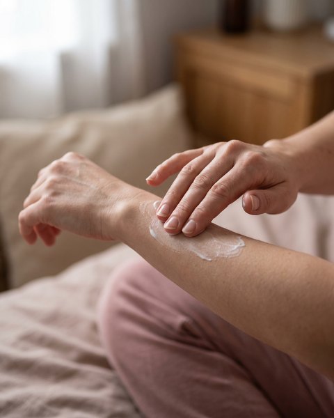 Deux mains massent la crème sur la peau en mouvements circulaires