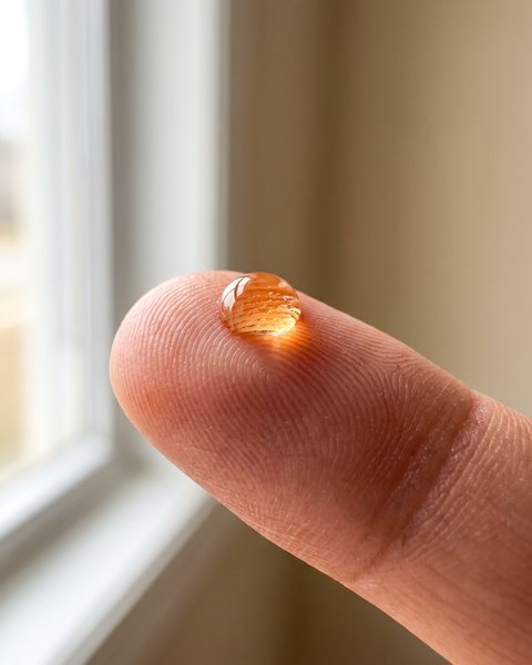 Une goutte de sérum ambré sur le bout d'un doigt
